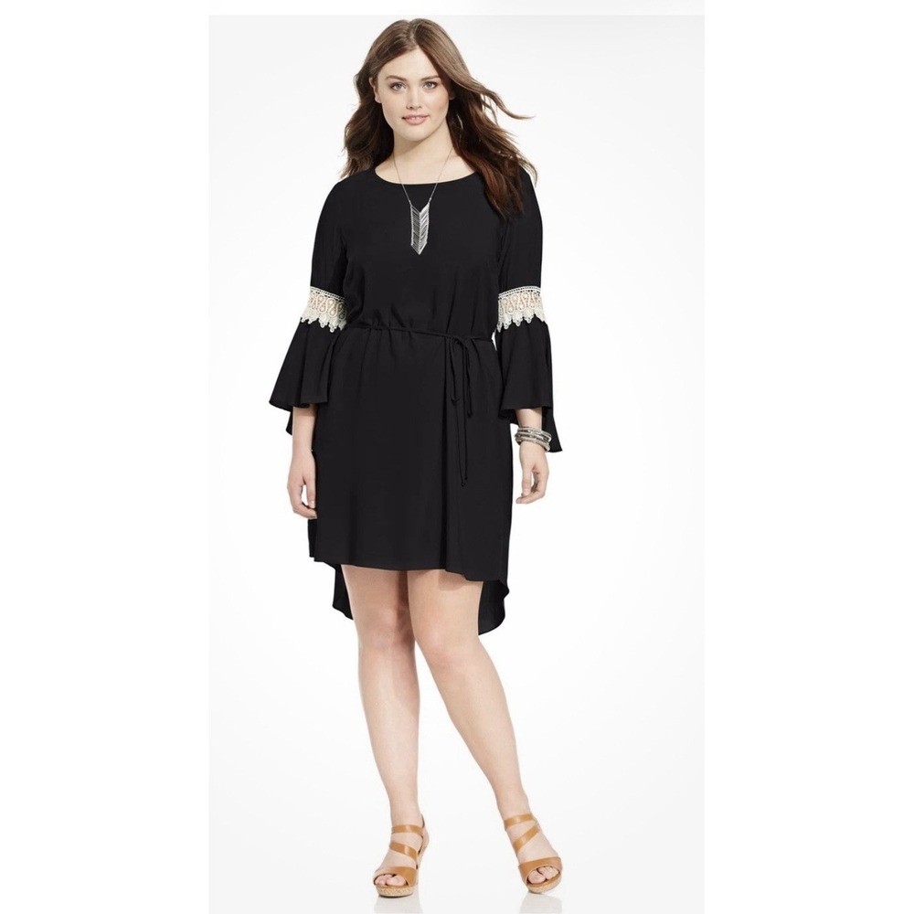 Love Squared Black Boho Shift Dress Bell Sleeve Crochet Lace High Low Women Plus